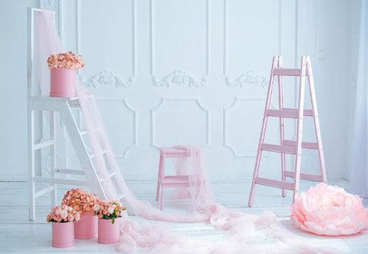Pink Rose Yarn White Wood Wall Wood Floor Wedding Backdrop