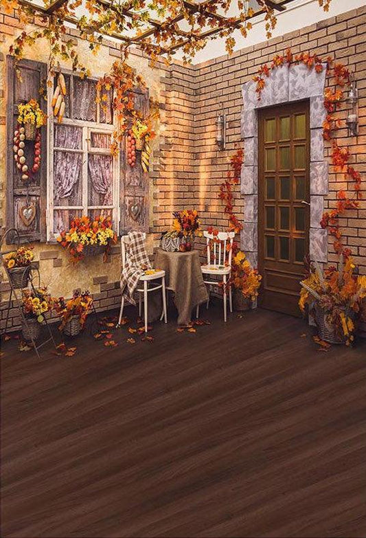 Wood door With Golden Yellow Plants Background Autumn Yard Photography Backdrops