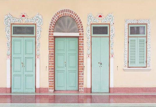 Cyan Wood Door Brown Wall Backdrop for Photography Background