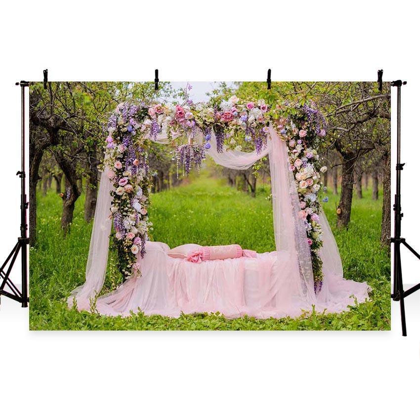 Romantic Pink Lace Curtain Colorful Flowers Backdrop for Wedding Ceremony Photography