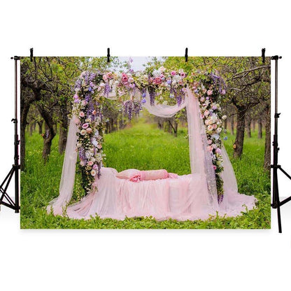 Romantic Pink Lace Curtain Colorful Flowers Backdrop for Wedding Ceremony Photography