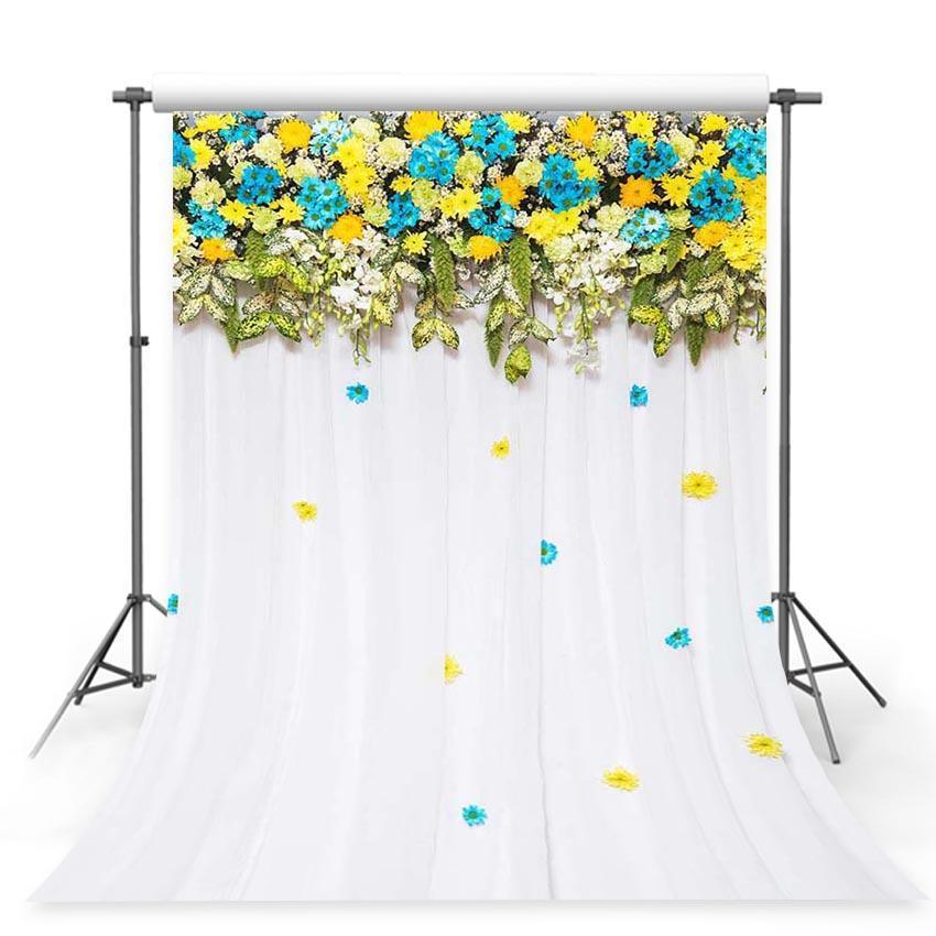 Yellow and Blue Flowers Green leaves White Curtain Backdrop for Photography Background