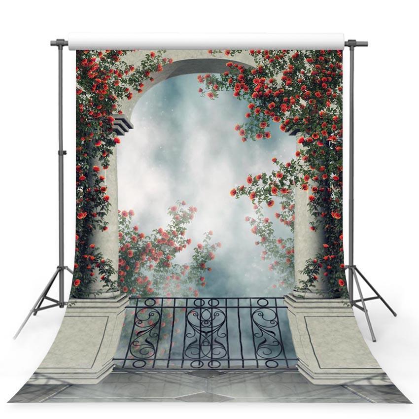 Stone Door With Red Flowers Backdrop Wonderland Photography Background