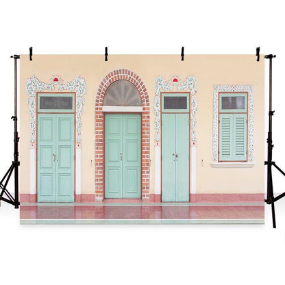 Cyan Wood Door Brown Wall Backdrop for Photography Background