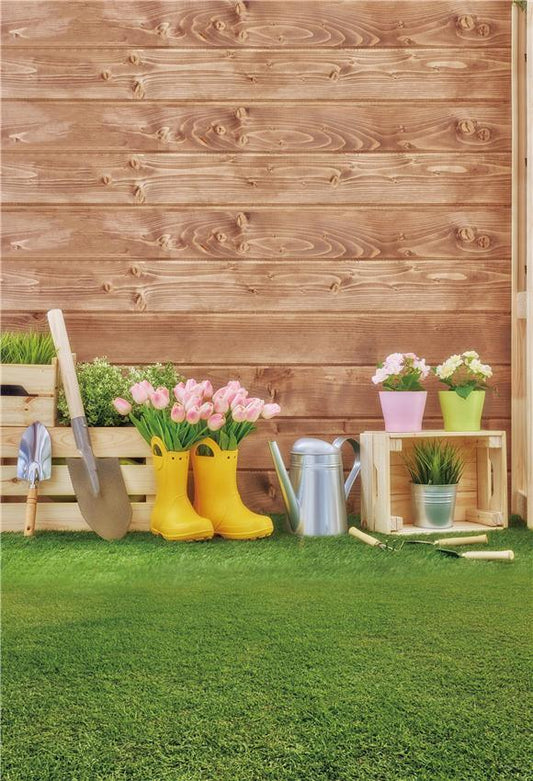 Pot Flower On Green Grass With Wood Floor Photography Backdrop