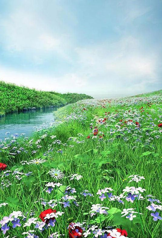Green Grass Flowers Beside Creek Backdrop Spring Scenery Photography