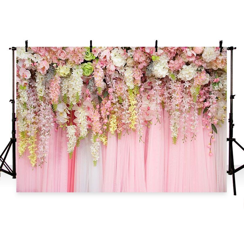 Pink Curtain with Pink White Flowers Backdrop for Party Decoration Background