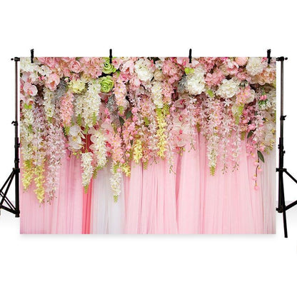 Pink Curtain with Pink White Flowers Backdrop for Party Decoration Background