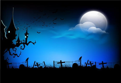 Blue Halloween Backdrop Bright Moon Black Castle Photography Prop