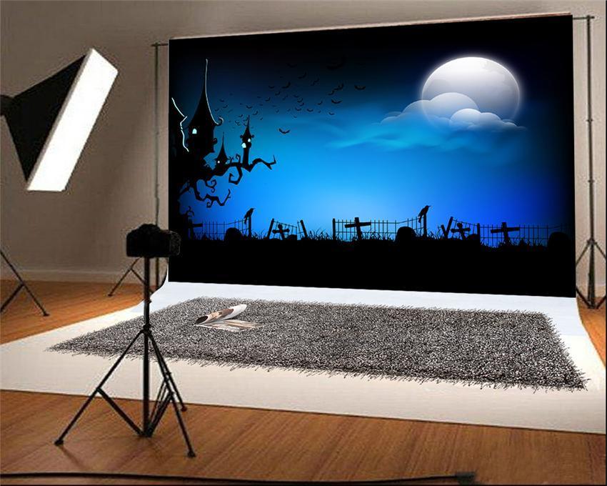 Blue Halloween Backdrop Bright Moon Black Castle Photography Prop