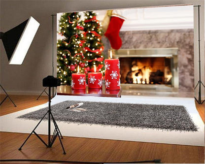 Christmas Backdrop Fireplace Candle Photography Prop