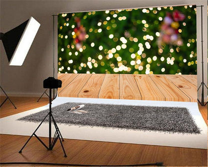 Green Shiny Polka Christmas Backdrop Wood Floor Background