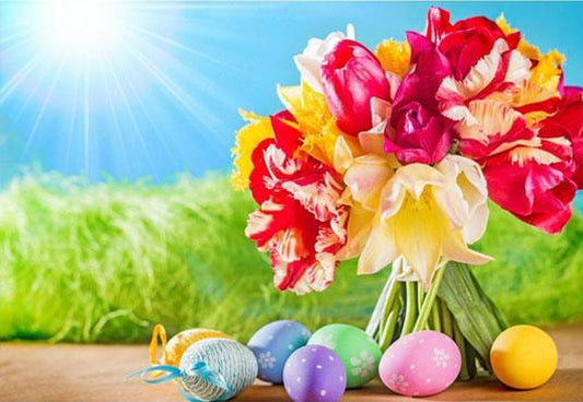 Colorful Easter Eggs and Flowers Under Sunshine Backdrop For Photography