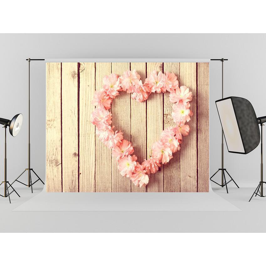 Pink Flower Heart  On Wood Floor Backdrop For Mother 's Day Photography