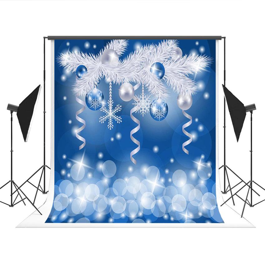 Bokeh Blue Bell White Christmas Tree Backdrop