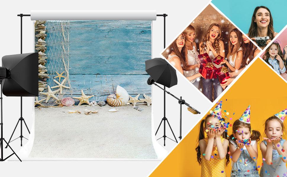 Starfish And Shellfish Before Blue Wood Floor For Summer Seaside Backdrops