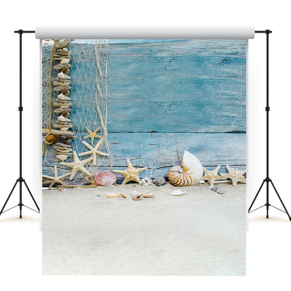 Starfish And Shellfish Before Blue Wood Floor For Summer Seaside Backdrops