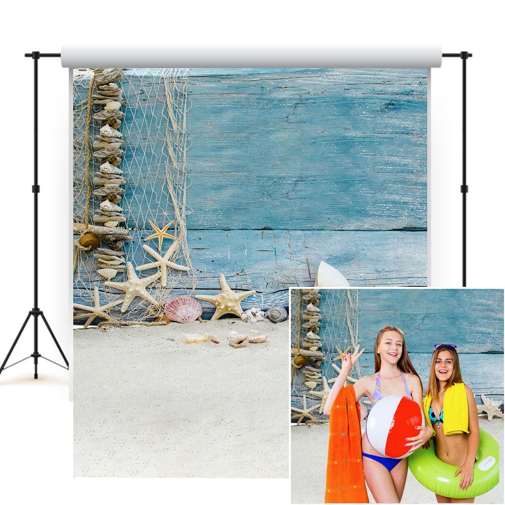 Starfish And Shellfish Before Blue Wood Floor For Summer Seaside Backdrops