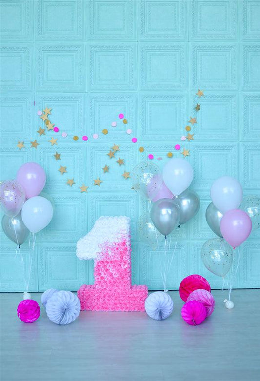 Mint Pink Flowers 1st Birthday Backdrop for Picture
