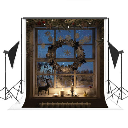 Winter Window Christmas Wreath Backdrop for Photo Prop