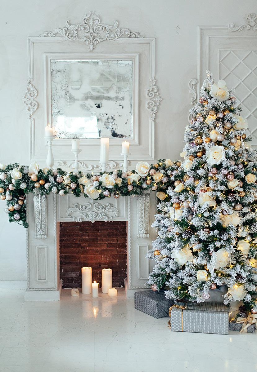 Rose Flowers Christmas Tree White Fireplace Backdrops