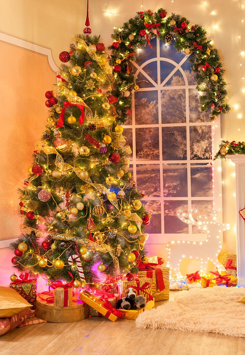 Bright Christmas Tree Window Winter Photo Backdrops