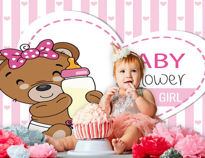 Brown Teddy Bear Baby Shower Backdrop Girl Baby Shower KEH01883