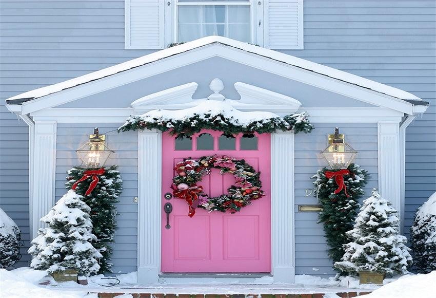 Winter Wooden House Pink Door Christmas Backdrops