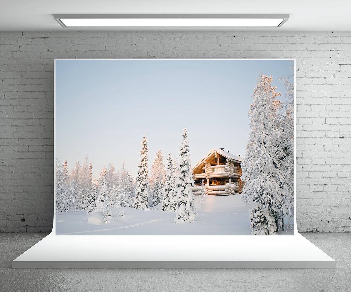 Winter Forest Houses Photography Backdrop Snow Background