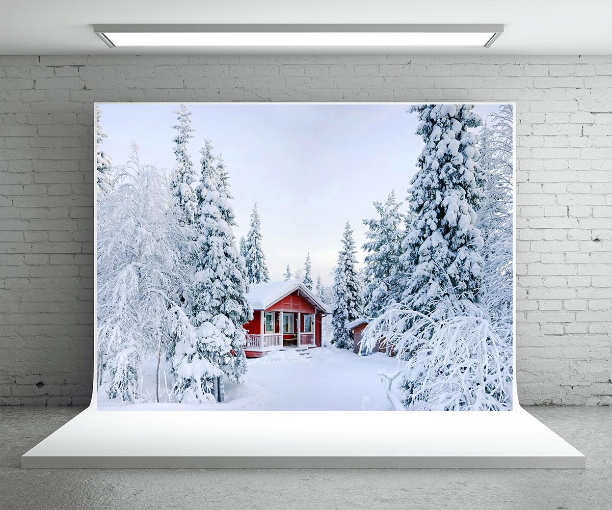 Snow Forest Red Houses Photography Backdrop Winter Background