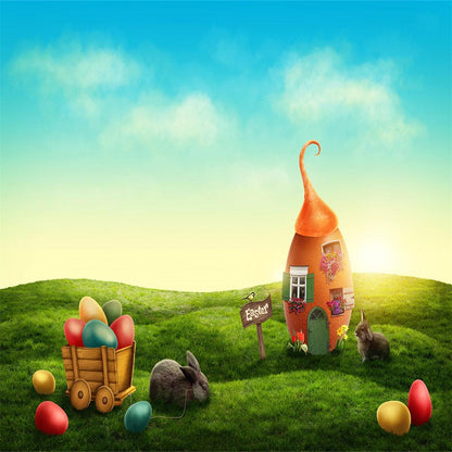 Blue Sky Green Grass Happy Easter Backdrops for Spring