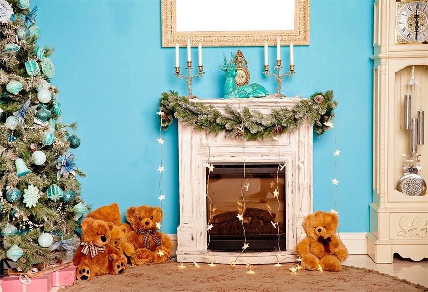 Wood Fireplace Bear Blue Wall Christmas Backdrop