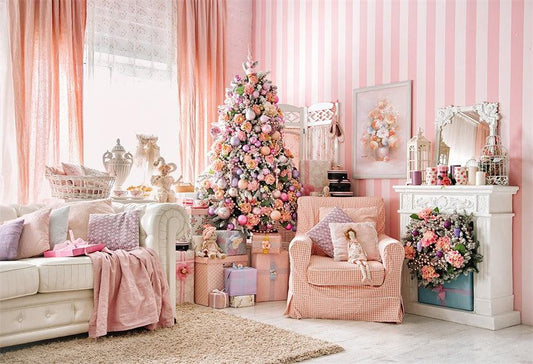 Pink Floral Christmas Tree Stripes Backdrop for Photos
