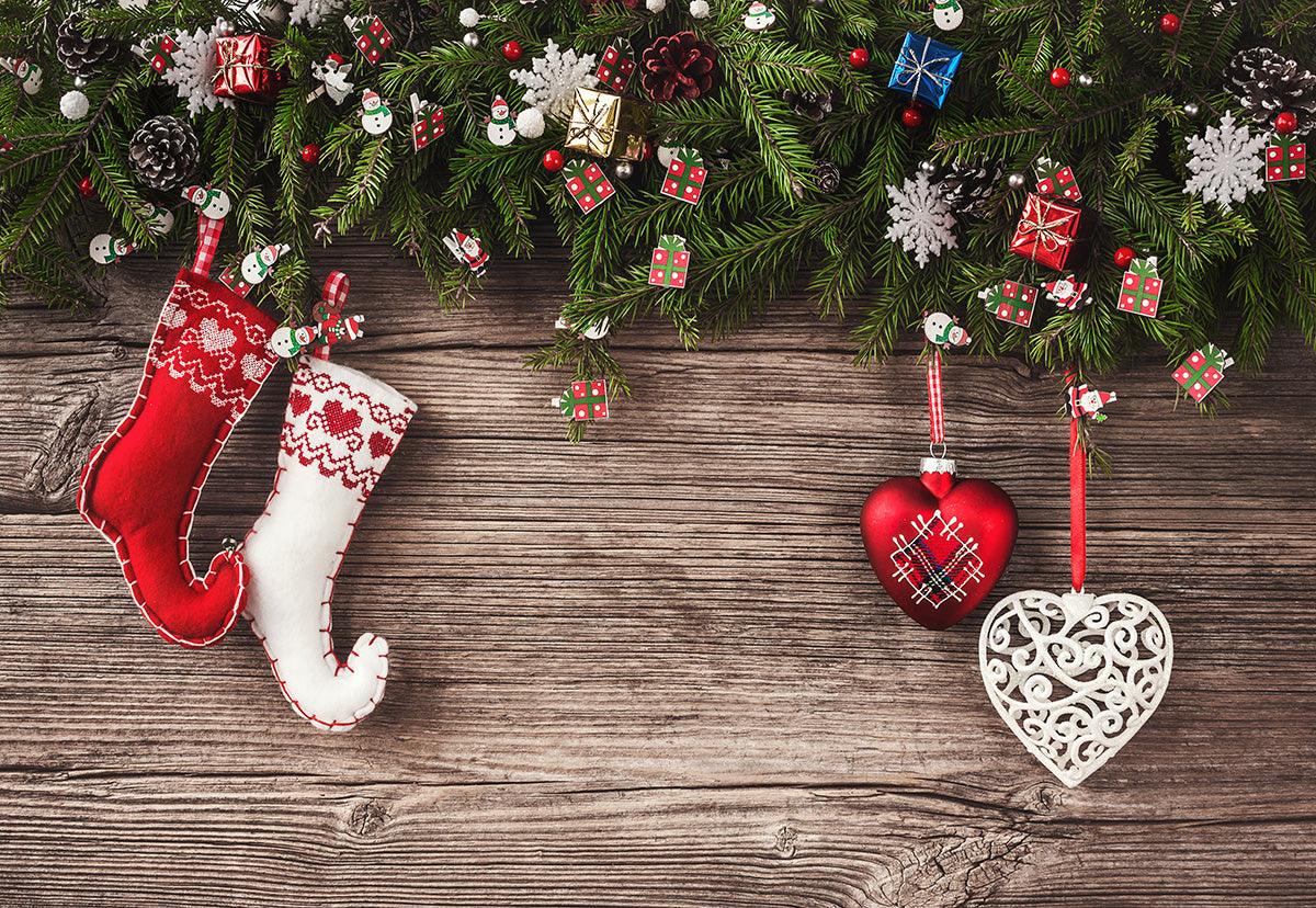 Christmas Photography Backdrop Pine Branch Wood Backdrop