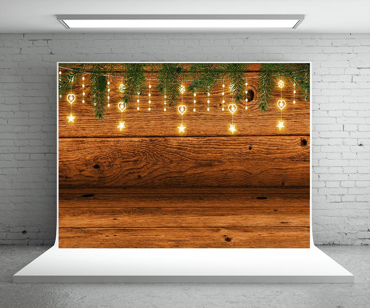 Light Star Pine Branch Wood Wall Christmas Backdrop for Photographer