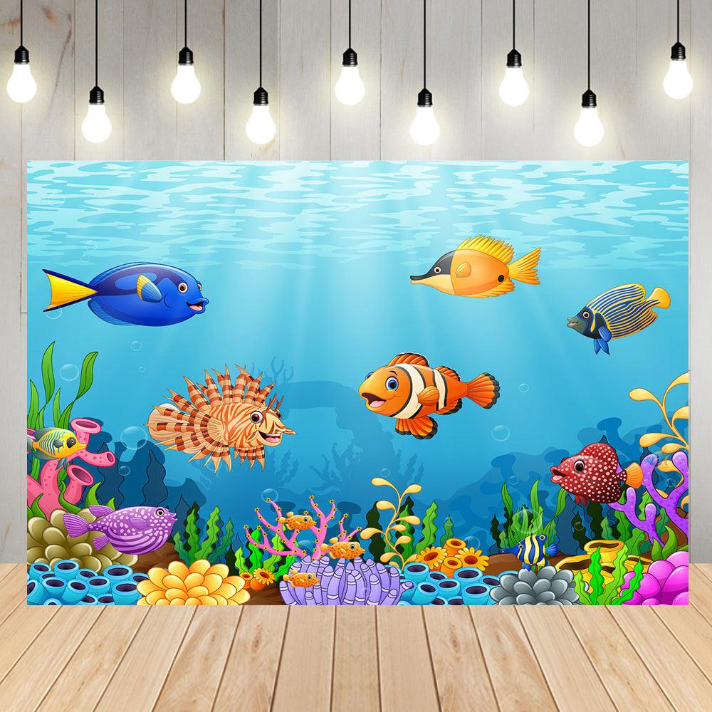 Underwater World  Photo Backdrop Cartoon  Fish Photography Background Blue Photo Studio Props KH12811