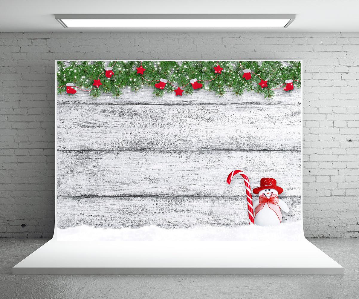 Snowman Pine Branch Wood Wall Photography Backdrop for Christmas