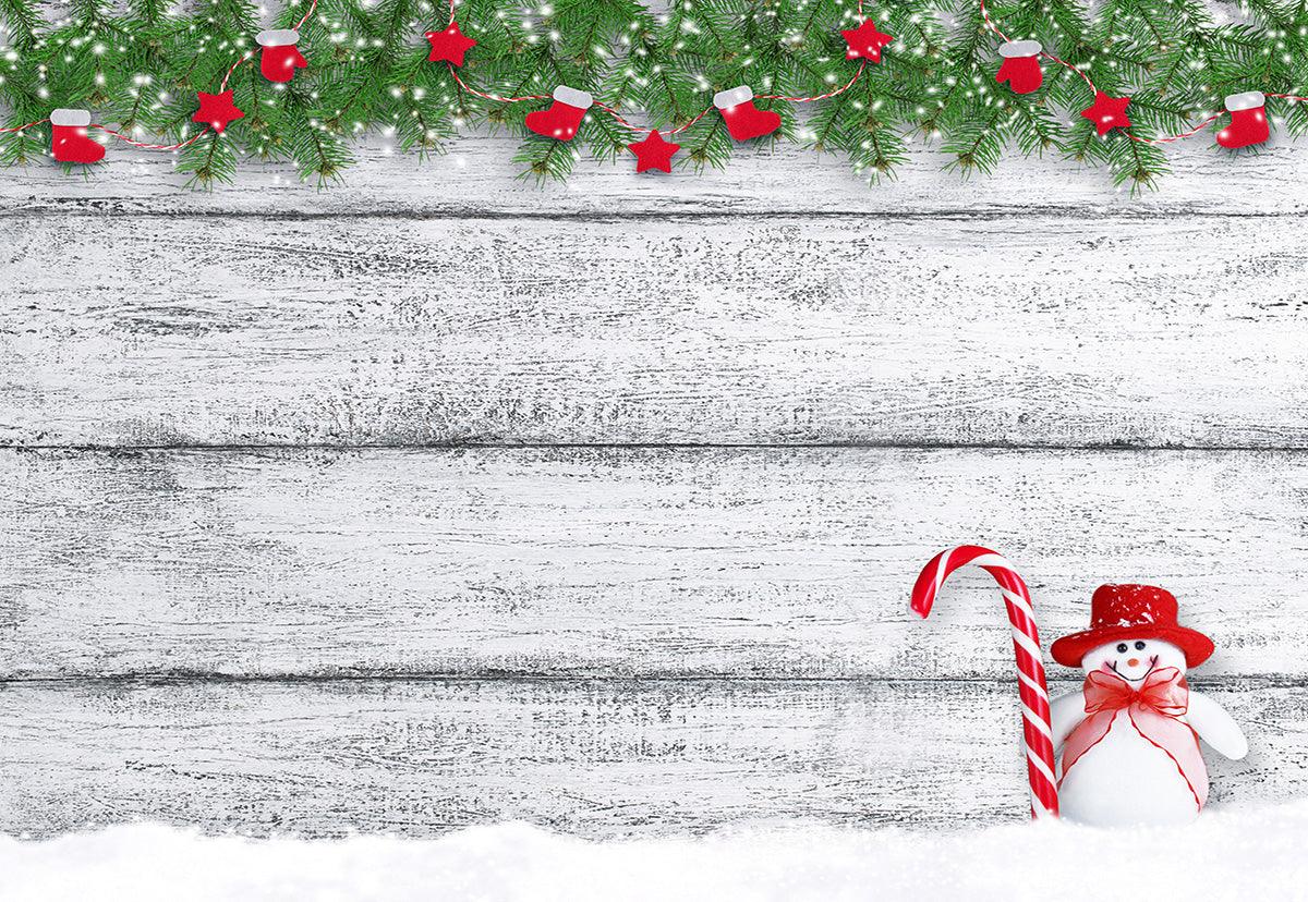 Snowman Pine Branch Wood Wall Photography Backdrop for Christmas