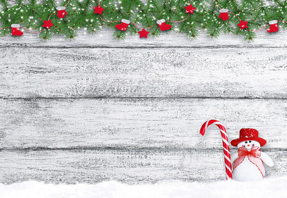 Snowman Pine Branch Wood Wall Photography Backdrop for Christmas