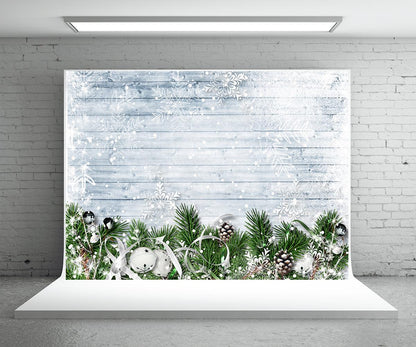 Christmas pine branches snowflakes wooden wall photography background