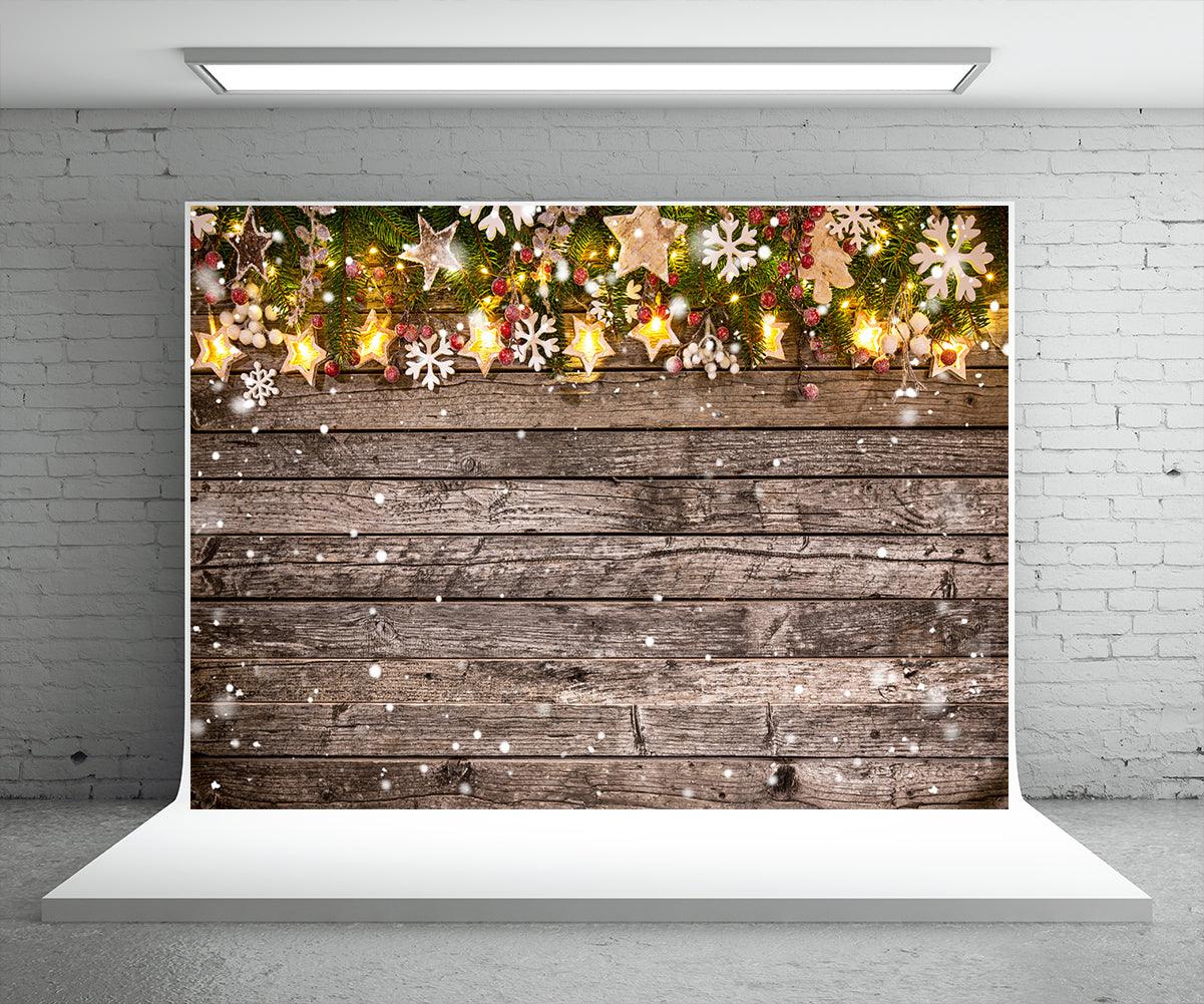 Pine Branch Light Star Wood Wall Photo Backdrop for Christmas