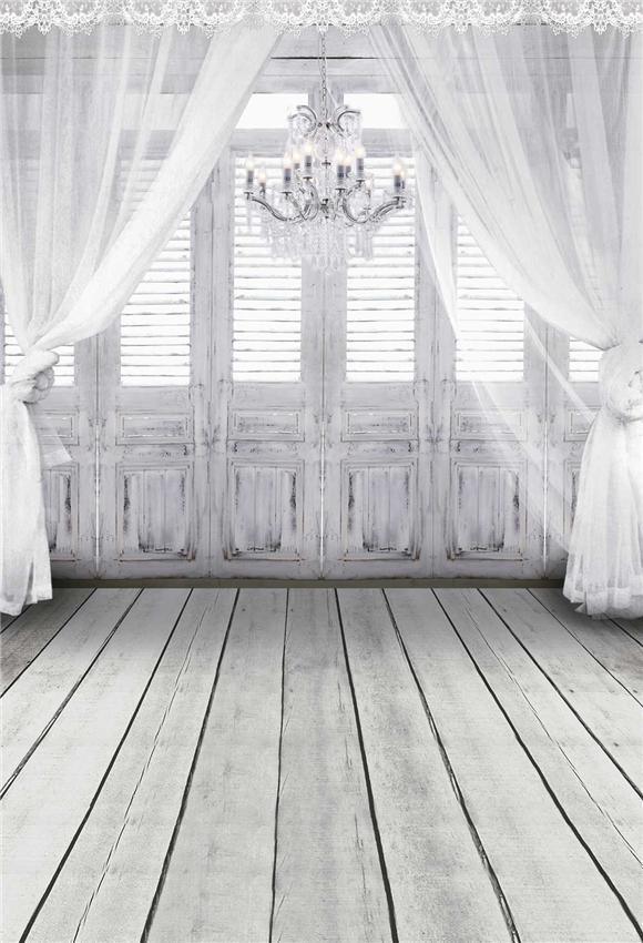 White Curtain Wedding Photography Backdrops Wood Floor Background