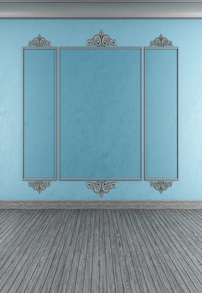 Blue Abstract Wall Grey Wood Floor Backdrop for Wedding