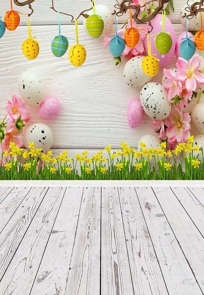 Happy Easter Colorful Eggs Flowers White Wood Floor Backdrops