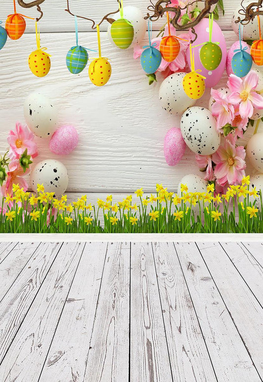 Happy Easter Colorful Eggs Flowers White Wood Floor Backdrops