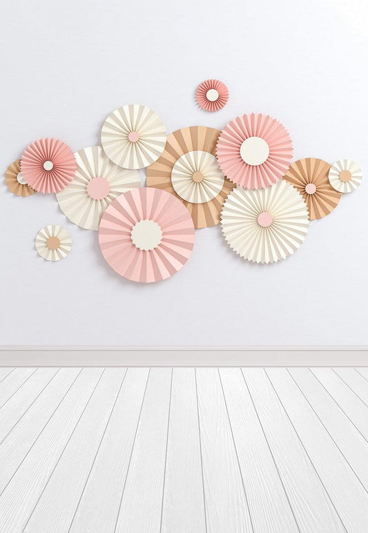 White Wall Wood Floor Pink Paper Flowers Backdrop for Birthday