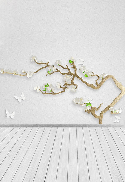 White and Grey Wood Floor Butterfly Branches Flowers Backdrops