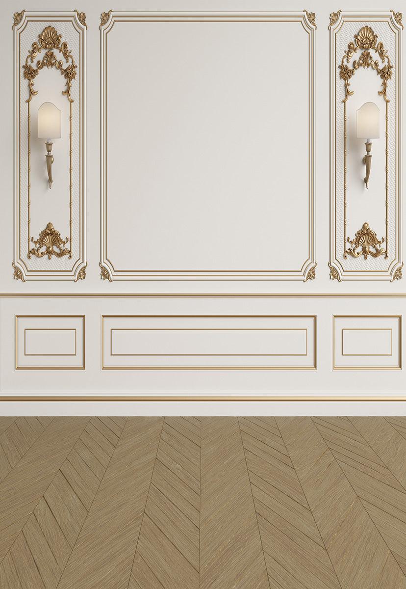 White Wall Golden Edge Wedding Brown Wood Floor Backdrops