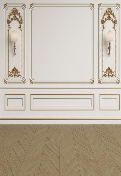 White Wall Golden Edge Wedding Brown Wood Floor Backdrops