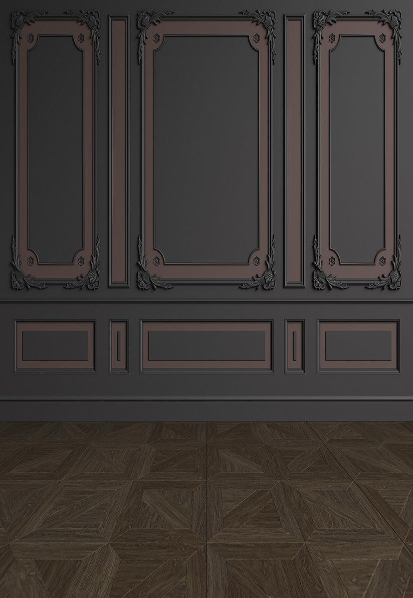 Dark Brown Wood Floor Black Wall Art Wall Photo Booth Prop Backdrop for Wedding